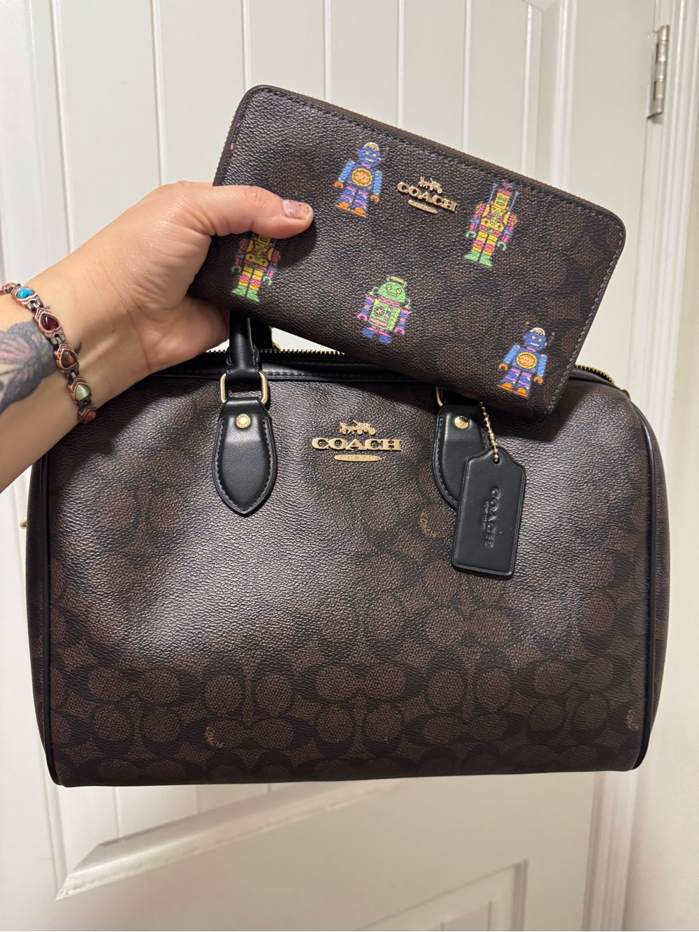 NWT Coach Large Rowan walnut Signature Satchel and Robot-Print Zip Wallet